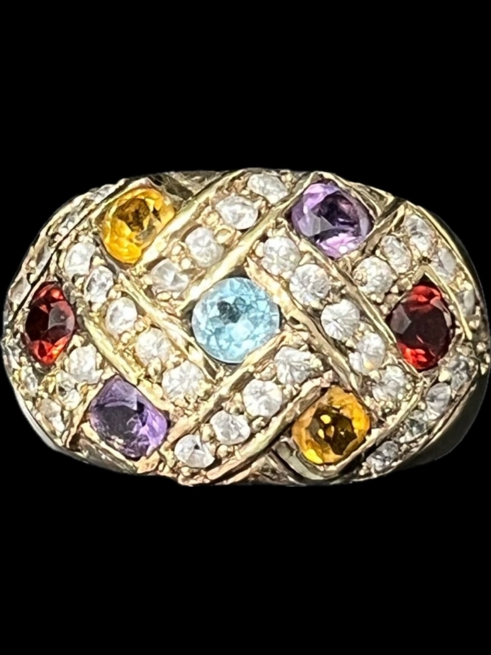 Suzanne Somers amethyst blue topaz garnet citrine CZ dome cocktail ring gold